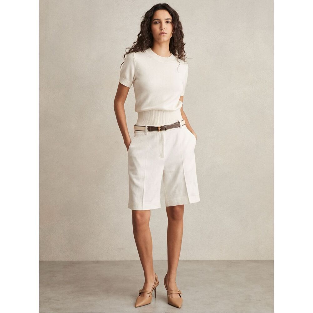 Reiss Women's White Devon Linen Blend Flat Front Bermuda Shorts Size 14 NWOT - Picture 2 of 12